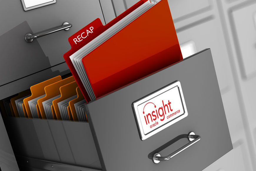 An open file cabinet on Oracle Commerce. RECAP File folder is red and sticking out.