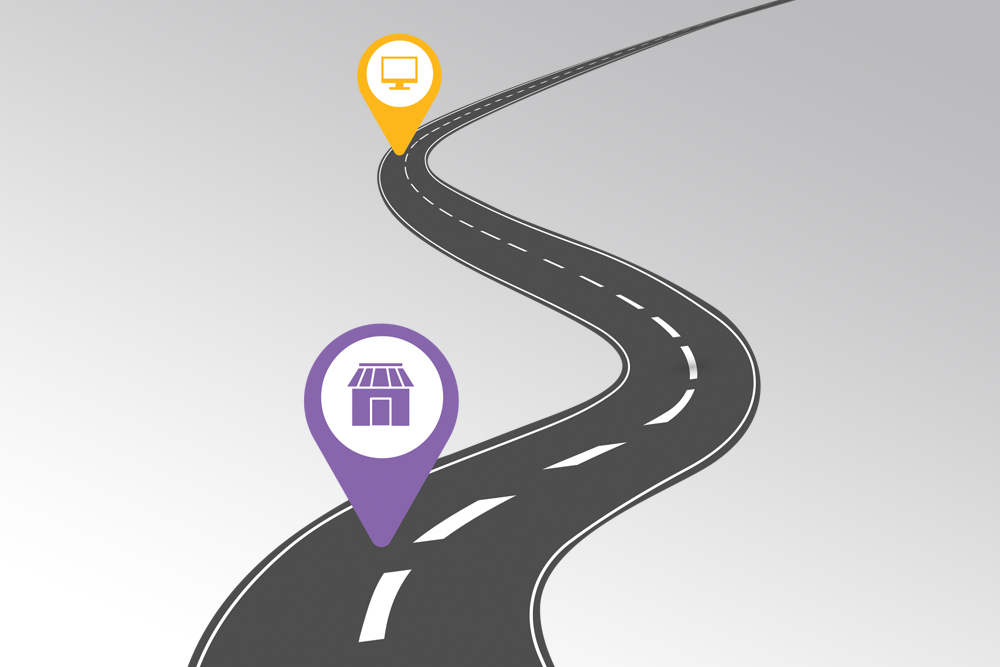 Road with yellow and purple location pin icons