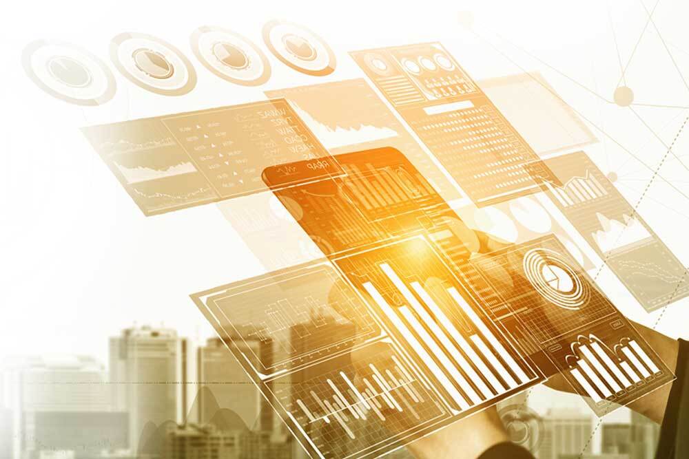 Abstract image of a digital interface with charts and graphs.