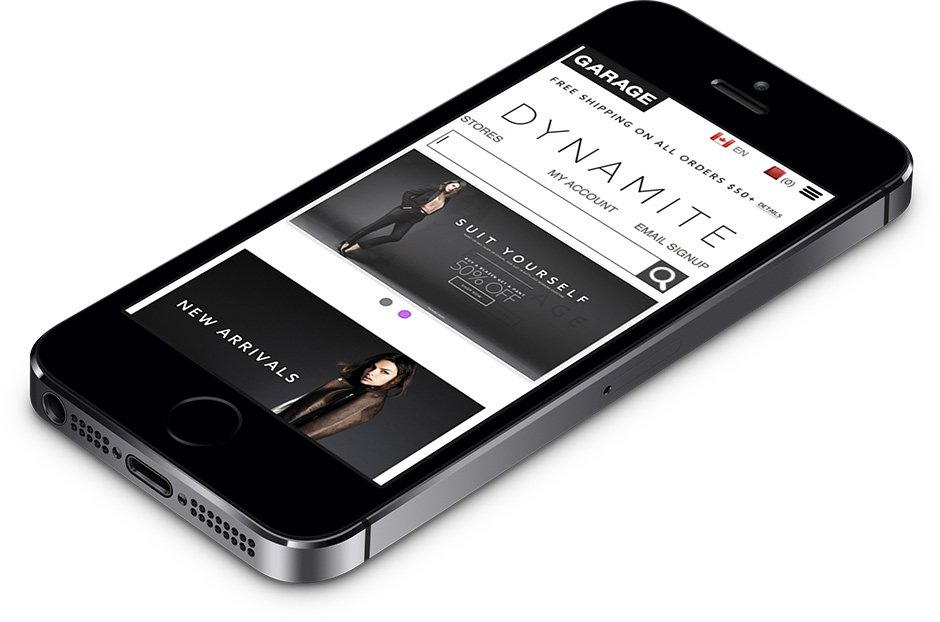 mobile phone laying flat showing the groupe dynamite website