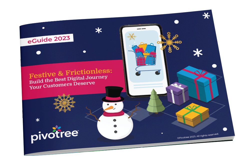 Festive and Frictionless Guide with snow flakes, snowman, holiday gifts and bags. There's a shopping cart on an iPhone to portray eCommerce.
