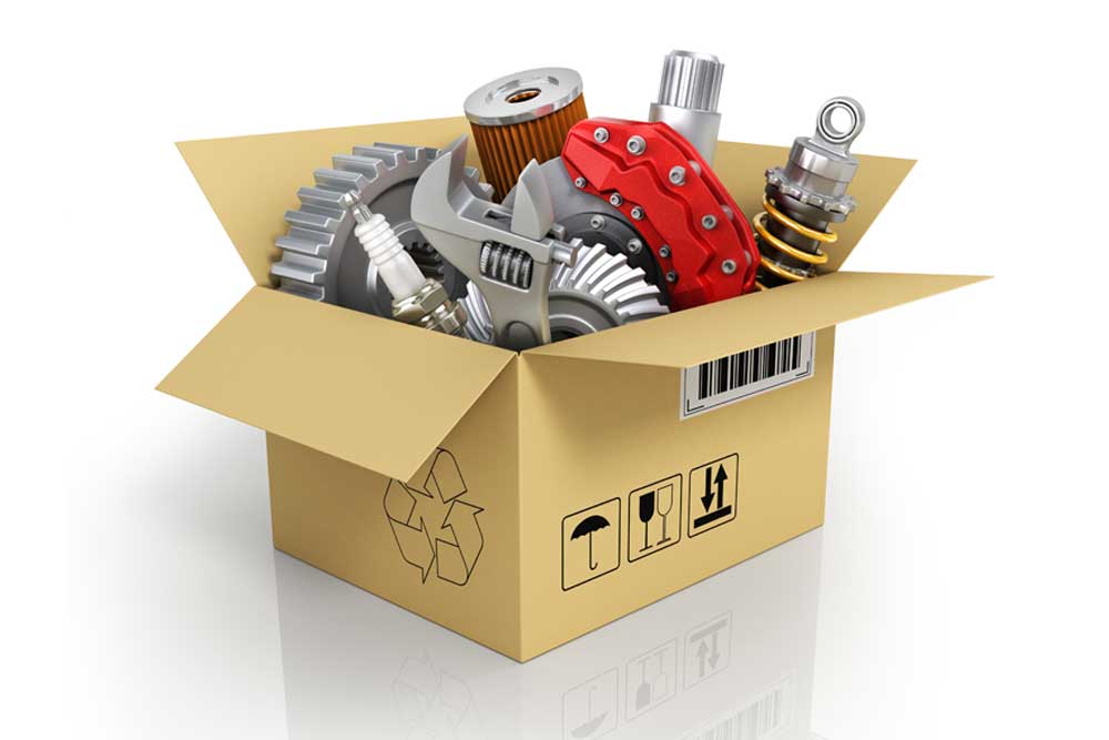 Auto parts in a shipping box