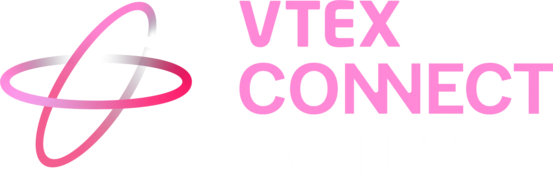 VTEX Connect Stacked on top of each other in pink then Live | NYC underneath in white with two pink rings crossed on the left of the words.