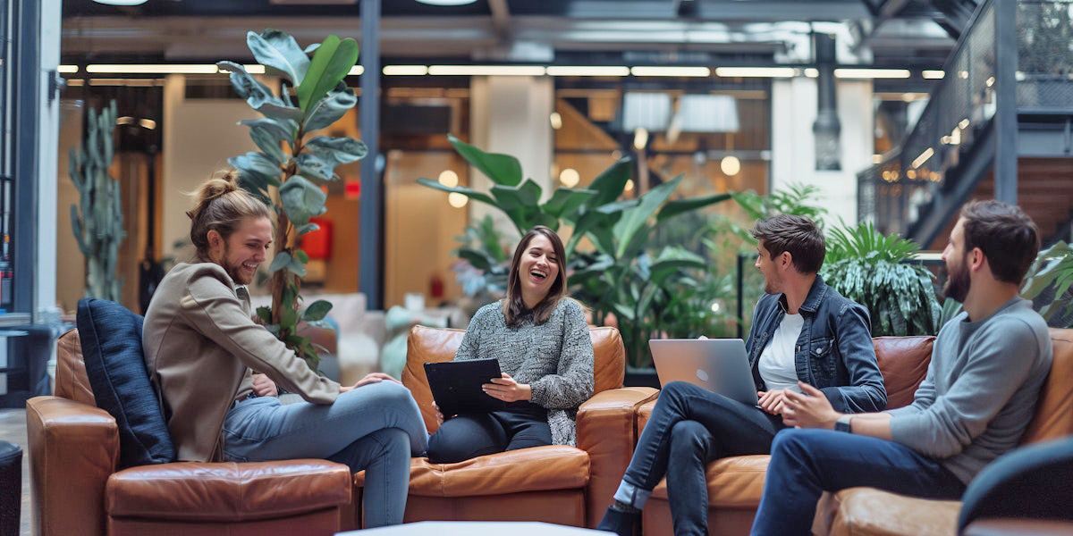 Group of men and women sitting on leather couches and chairs having a discussion with their laptops