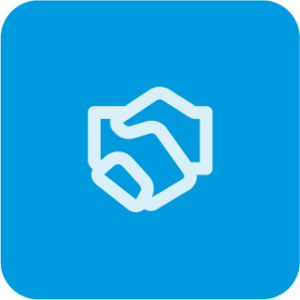 a white handshake icon in a blue box