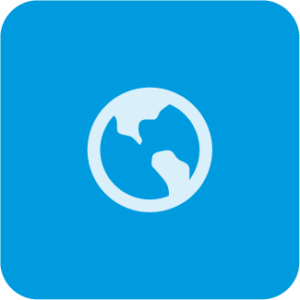 a white icon of the world in a blue box
