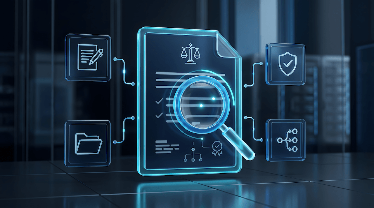 Digital files and data being inspected by a magnifying glass with a pair of legal scales to symbolize data governance.